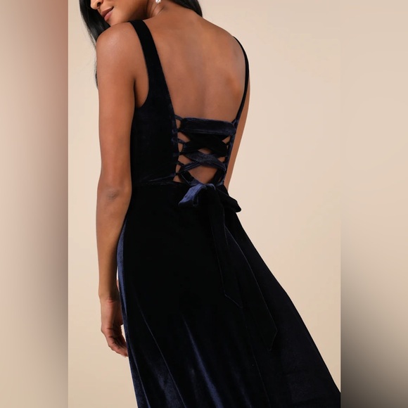 Graceful Invite Navy Blue Velvet Square Neck Lace-Up Maxi Dress - Picture 3 of 4